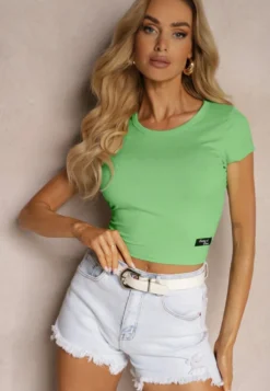 Zielony Prążkowany T-shirt Koszulka z Krótkim Rękawem Opolia