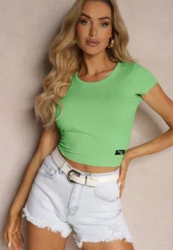 Zielony Prążkowany T-shirt Koszulka z Krótkim Rękawem Opolia