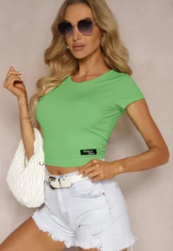 Zielony Prążkowany T-shirt Koszulka z Krótkim Rękawem Opolia