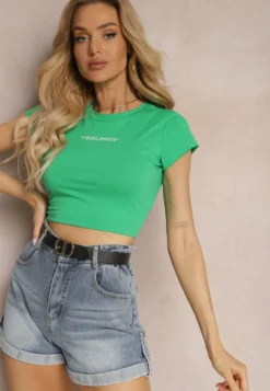 Zielony T-shirt o Dopasowanym Fasonie Cropped z Napisem Zaloella