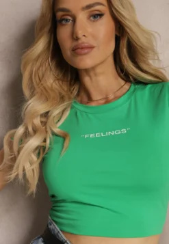 Zielony T-shirt o Dopasowanym Fasonie Cropped z Napisem Zaloella