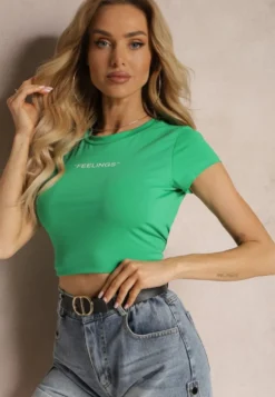Zielony T-shirt o Dopasowanym Fasonie Cropped z Napisem Zaloella