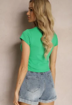 Zielony T-shirt o Dopasowanym Fasonie Cropped z Napisem Zaloella