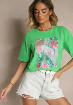 Zielony T-shirt z Bawełny Ozdobiony Brokatem Isadelle