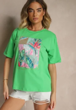 Zielony T-shirt z Bawełny Ozdobiony Brokatem Isadelle