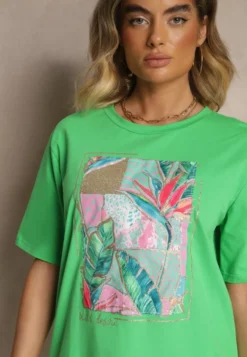 Zielony T-shirt z Bawełny Ozdobiony Brokatem Isadelle