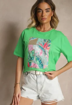 Zielony T-shirt z Bawełny Ozdobiony Brokatem Isadelle