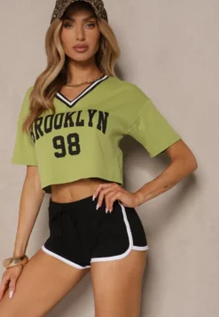 Zielony T-shirt z Bawełny Ozdobiony Napisem Lireline