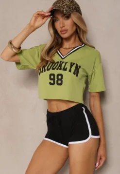 Zielony T-shirt z Bawełny Ozdobiony Napisem Lireline