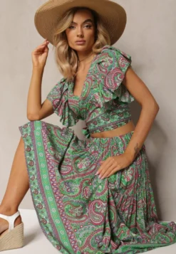 Zielony Wiskozowy Komplet 2-Częściowy w Print Paisley Długa Spódnica i Kopertowy Top Aeodosia