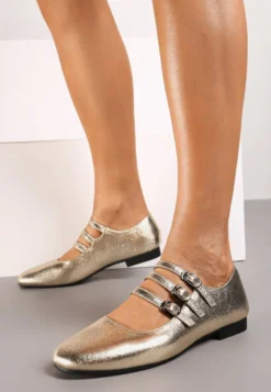 Złote Balerinki z Wkładką ze Skóry Naturalnej z Eleganckimi Paseczkami i Sprzączkami Vaivonne
