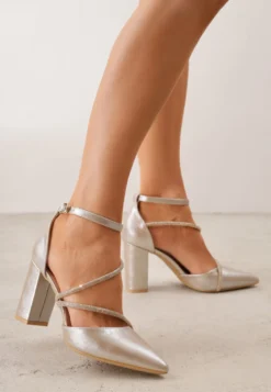 Złote Czółenka VICES na Słupku z Eleganckimi Paseczkami z Cyrkoniami Sirevianna