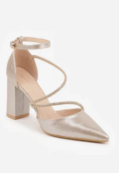 Złote Czółenka VICES na Słupku z Eleganckimi Paseczkami z Cyrkoniami Sirevianna