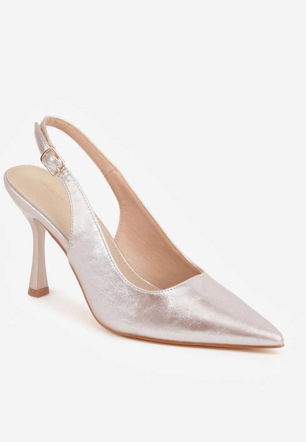 Złote Eleganckie Szpilki Slingback VICES z Wkładką ze Skóry Naturalnej Madede