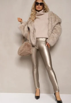 Złote Legginsy z Imitacji Skóry High Waist Noriel