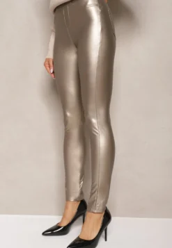 Złote Legginsy z Imitacji Skóry High Waist Noriel