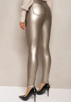 Złote Legginsy z Imitacji Skóry High Waist Noriel