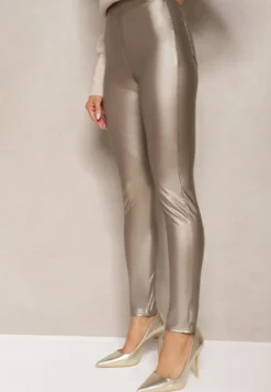 Złote Legginsy z Imitacji Skóry High Waist Ozdobione Wsuwanymi Kieszeniami Valerievia