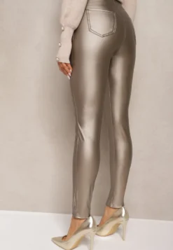 Złote Legginsy z Imitacji Skóry High Waist Ozdobione Wsuwanymi Kieszeniami Valerievia