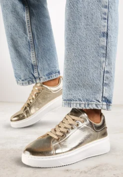 Złote Metaliczne Sneakersy Vices na Płaskiej Podeszwie Syliel