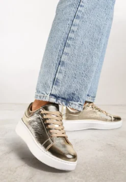 Złote Metaliczne Sneakersy Vices na Płaskiej Podeszwie Syliel