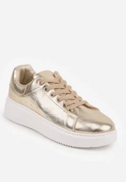 Złote Metaliczne Sneakersy Vices na Płaskiej Podeszwie Syliel