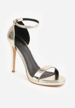 Złote Sandały na Szpilce z Paskiem wokół Kostki i Sprzączką Silirea