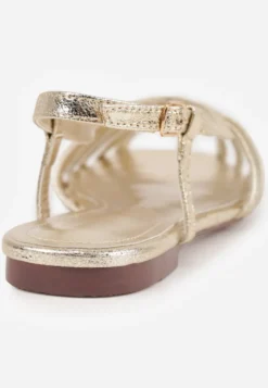 Złote Sandały Peep Toe VICES na Płaskiej Podeszwie z Cienkimi Paseczkami Nadalila
