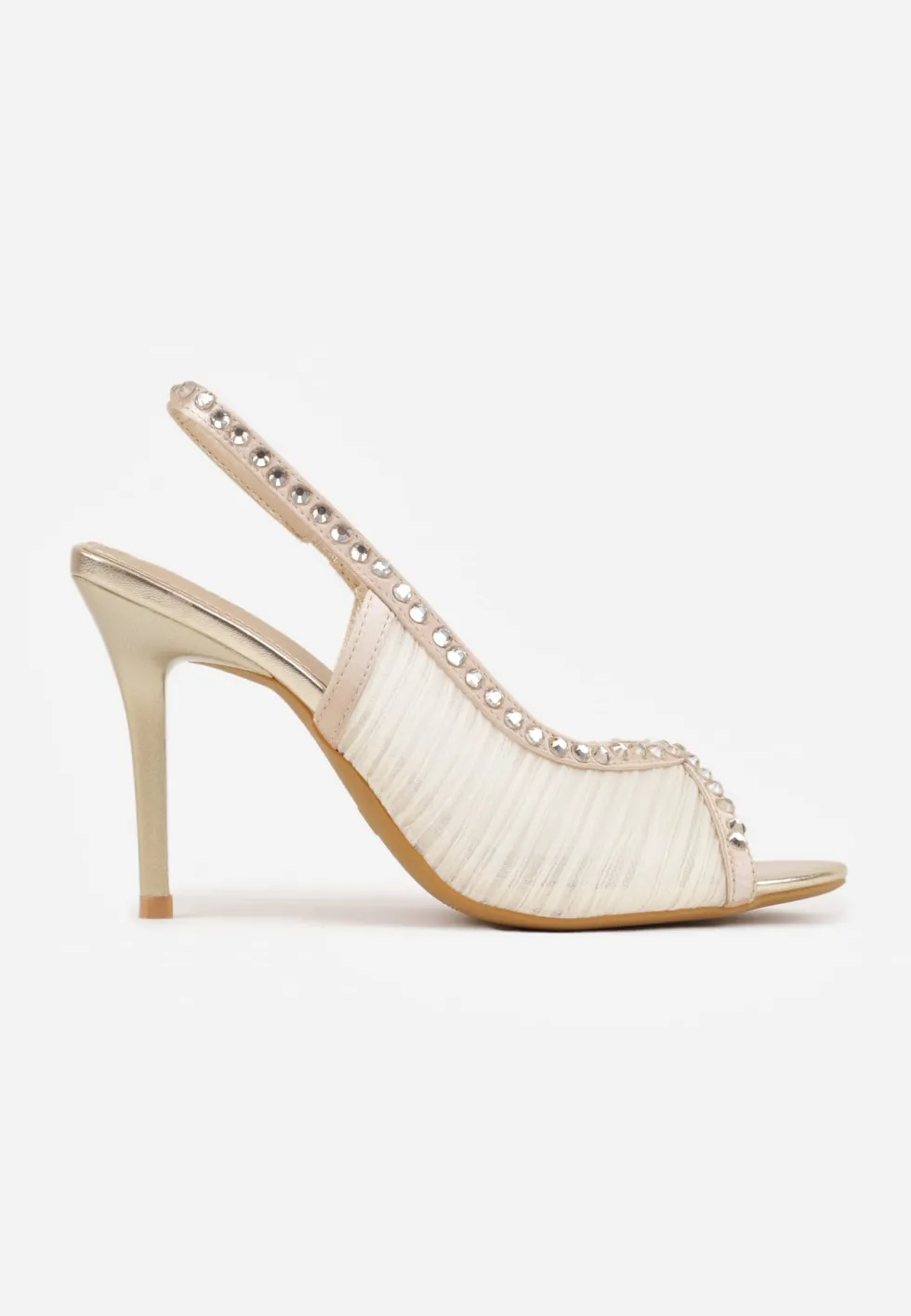 Złote Sandały Slingback VICES z Siateczki na Szpilce Zdobione Cyrkoniami Aethipe