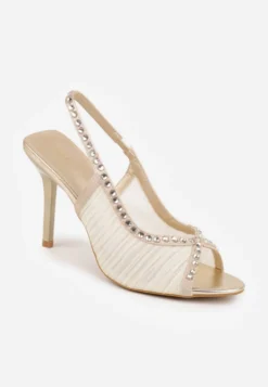 Złote Sandały Slingback VICES z Siateczki na Szpilce Zdobione Cyrkoniami Aethipe