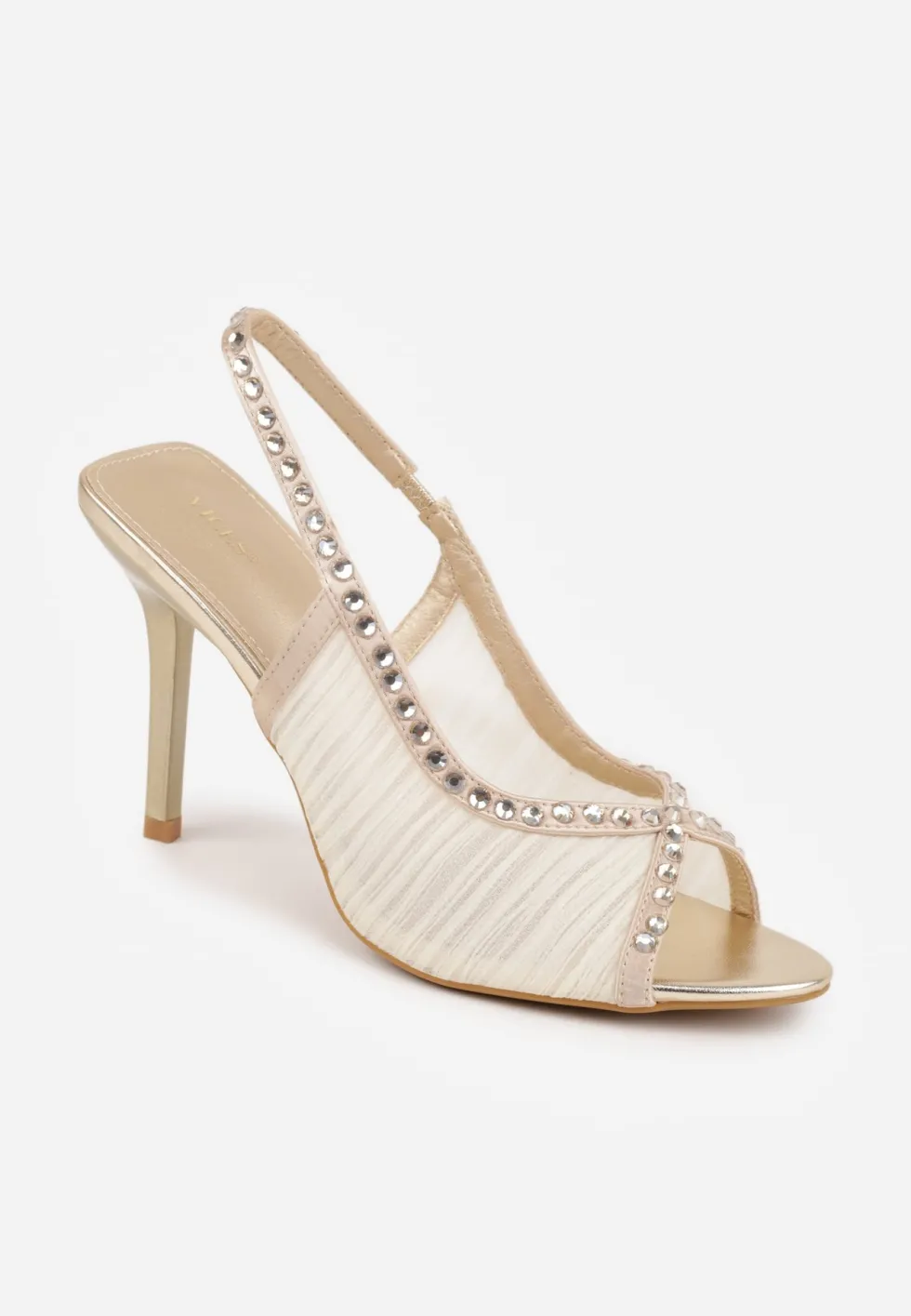 Złote Sandały Slingback VICES z Siateczki na Szpilce Zdobione Cyrkoniami Aethipe