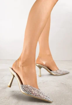 Złote Sandały Vices na Szpilce Slingback ze Skórzaną Wkładką i Cyrkoniami Ovifa