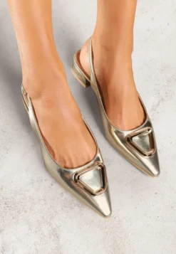 Złote Sandały Vices Typu Slingback na Niskim Obcasie ze Skórzaną Wkładką Geometryczną Ozdobą Lilienia