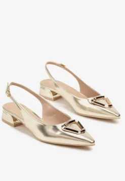 Złote Sandały Vices Typu Slingback na Niskim Obcasie ze Skórzaną Wkładką Geometryczną Ozdobą Lilienia