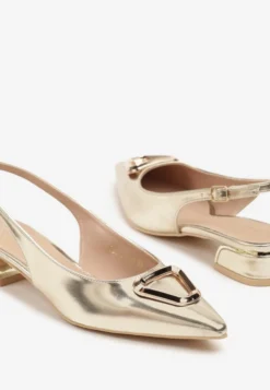 Złote Sandały Vices Typu Slingback na Niskim Obcasie ze Skórzaną Wkładką Geometryczną Ozdobą Lilienia