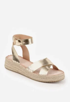Złote Sandały z Plecionki w Stylu Boho VICES z Paskami w Kształcie X Nahmala