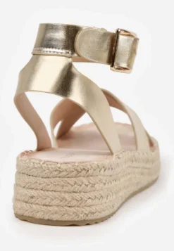 Złote Sandały z Plecionki w Stylu Boho VICES z Paskami w Kształcie X Nahmala