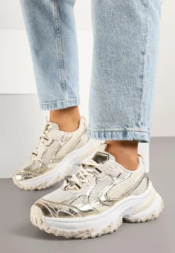 Złote Sneakersy na Platformie z Geometrycznym Wzorem Mevriane
