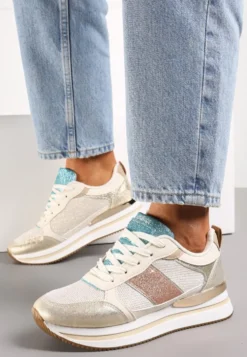 Złote Sneakersy Ozdobione Brokatem i Kolorowymi Wstawkami Veradis