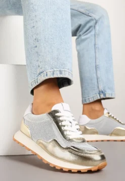 Złote Sneakersy Skórzane Ozdobione Geometrycznym Motywem Wibessa