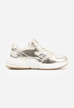 Złote Sneakersy Sznurowane Ozdobione Wstawkami z Materiału Eanfla