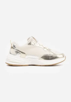 Złote Sneakersy Sznurowane Ozdobione Wstawkami z Materiału Eanfla