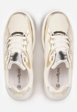 Złote Sneakersy Sznurowane Ozdobione Wstawkami z Materiału Eanfla