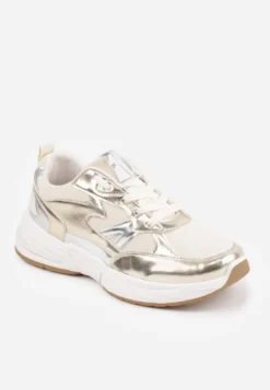 Złote Sneakersy Sznurowane Ozdobione Wstawkami z Materiału Eanfla