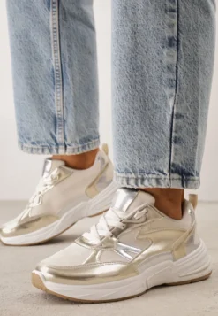 Złote Sneakersy Sznurowane Ozdobione Wstawkami z Materiału Eanfla