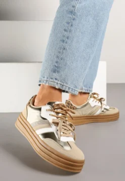 Złote Sneakersy w Stylu Tenisówek Ozdobione Brokatem Teladriena