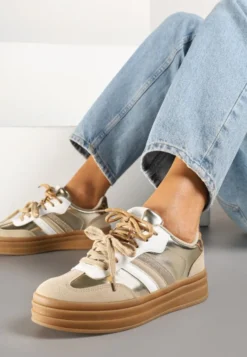 Złote Sneakersy w Stylu Tenisówek Ozdobione Brokatem Teladriena