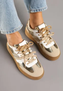 Złote Sneakersy w Stylu Tenisówek Ozdobione Brokatem Teladriena