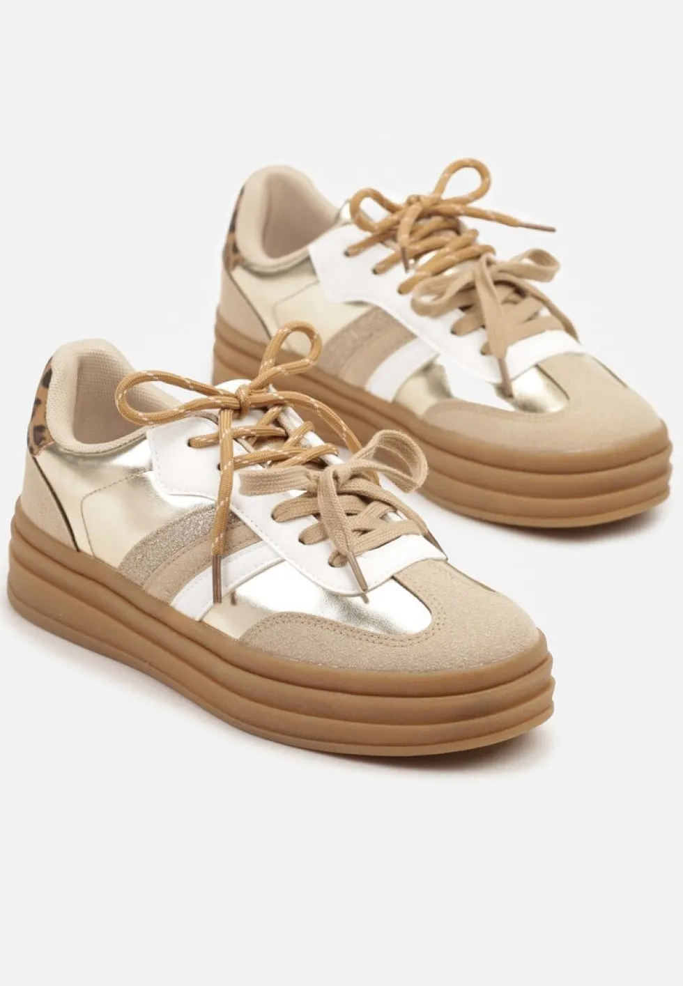 Złote Sneakersy w Stylu Tenisówek Ozdobione Brokatem Teladriena