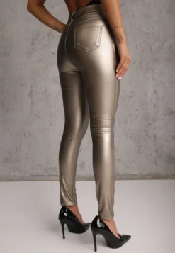 Złote Spodnie o Kroju Skinny z Imitacji Skóry Zorlemi